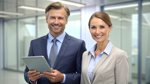 smiling two professional business people standing in office with with digital tablets