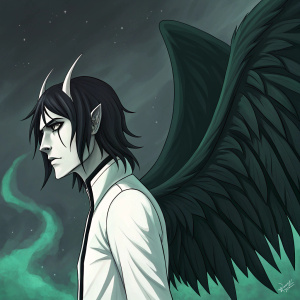 Digital artwork of Ulquiorra Cifer. Pale skin, pointed ears, dark hair, large dark wings. Dark backdrop with greenish hues. Green, black, and white color palette. Stylized fan art.