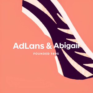 Modernized logo for luxury fashion brand 'Adlans & Abigaii'. Incorporating sleek, minimalist design. 'Founded 1895' below the brand name in elegant serif font. Gold and white color palette.