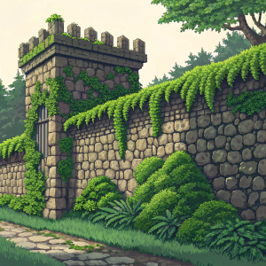 Digital pixel art: a moss-covered stone wall with intricate details.