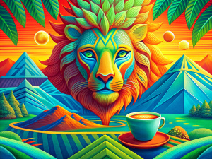 illustration abstraction, ethiopia, symbol of  ethiopia lion, landscape, coffee cup, close-up foreground, Dali style, simple shapes, color gradient, detail of objects