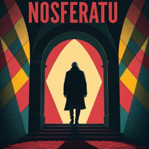 Poster for Nosferatu. Central figure in dark silhouette against an archway, set against a backdrop of vibrant geometric shapes.