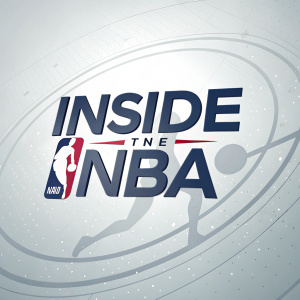 An animated version of 'Inside the NBA' logo. The logo has a sleek, contemporary design. It's set against a light grey background with a subtle, circular pattern