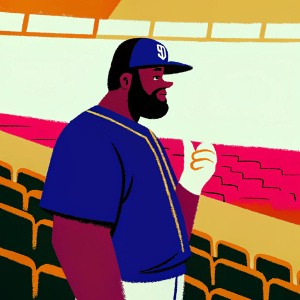 Franmil Reyes, outfielder for San Diego Padres, standing on the edge of Petco Park's outfield. Dark navy blue jersey, black cap with logo, bearded face. Natural sunlight illuminating his profile, blurred rows of seats in the background.