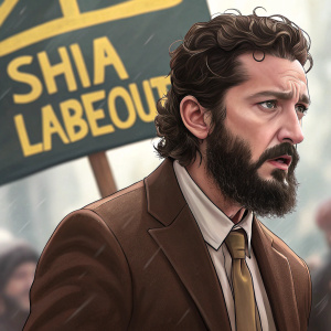 Shia LaBeouf, with a rugged beard and intense gaze, in a brown suit and tie. Close-up shot, blurred background, visible protest sign with bold yellow text.