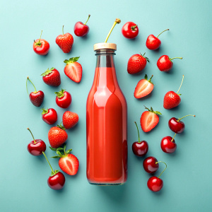 Tropical soft drink bottle concept design. red color scheme theme design, some cut cherries and strawberries next to the bottle, lighting, cinematic, solid, realistic