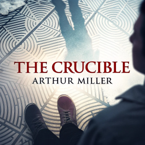 The cover of 'The Crucible' by Arthur Miller features blurred, shadowy feet in the foreground, with bold text dominating the center. The background is a complex, striated design.