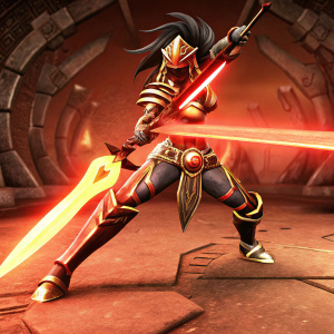 Sivir, champion from League of Legends, in a fierce battle stance. Dark, detailed game environment.