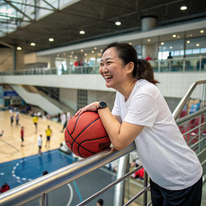 A vibrant shot of an Asian woman, smiling joyfully. Wearing a casual white t-shirt, holding a red basketball. She leans against a sleek metal railing in a bustling indoor gymnasium setting.