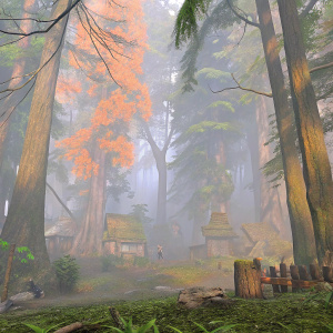 A detailed 3D render of a fantasy game scene from 'Spellforce 3: Fallen God.' The dense jungle is teeming with life and settlements.