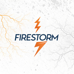 Digital illustration of Firestorm logo. Orange lightning bolt on left side, modern font for 'Firestorm'. White background with subtle texture.