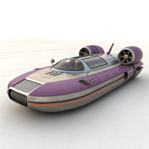 Digital 3D rendering of the M68 Landspeeder from Star Wars. The vehicle features a sleek design with a mix of purple and gray colors. Set against a plain white backdrop.
