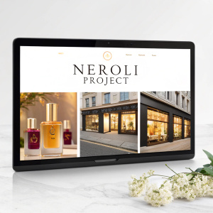 Digital storefront for Neroli Project. Sleek, modern design featuring high-resolution images of fragrances alongside captivating text descriptions.