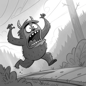 Digital storyboard panel featuring a cartoon monster in an intense action scene. The monster displays a terrified expression, captured in a dramatic, mid-jump pose. The character's face is exaggerated with wide eyes and a gaping mouth. Its body is stylized with thick, bold lines, set against a sketchy, hazy backdrop.
