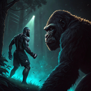 Digital illustration for UFC 276 event poster. A fierce confrontation between a human fighter and an ape-like creature. Dark, shadowy background with hints of neon blue and green. The human figure is muscular, in a fighting stance. The ape-like creature is gorilla-like, towering over the human. Both figures are in dramatic, intense poses.