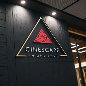 Modern sleek logo for Cinescape featuring triangular shape with red accent. Text reads 'Cinescape IN ONE SHOT'