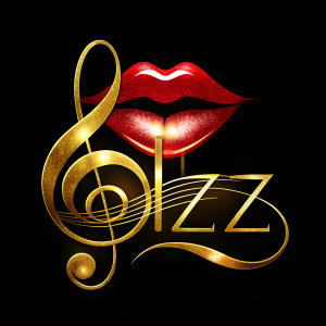 logotipo musical que integren una clave de sol dorada y la palabra "Lizz" resalten en unos labios rojos, pero que los labios se noten pero que no sean foco de atención. Logo anterior en fondo negro