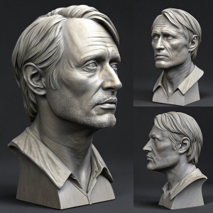 Multiple bust sculptures showcasing different stages of Mads Mikkelsen's face. Detailed facial features.