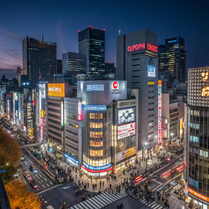 Shinjuku, Tokyo, bustling metropolis at night. Tall buildings, neon lights, crowded streets, modern architecture.