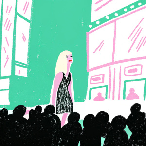 Rita Ora, with flowing blonde hair and minimal makeup, standing in Times Square surrounded by bright lights and bustling crowds.