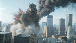Godzilla destroys Tokyo, smoke and dust explosion, epic movie scene,maxmalist,,super wide angle, low angle,Stunning composition and perspective , blink-you-miss-it-detail , Ultra-high quality,8k