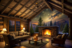 Picture a rustic cabin interior with a crackling fireplace, plush blankets, and a starlit ceiling. Craft an image that captures the charm of a secluded getaway, where love blossoms amid the simplicity of nature