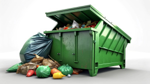 rear view.realistic.dark green.A large garbage open the back to dump garbage on the ground.on white background.