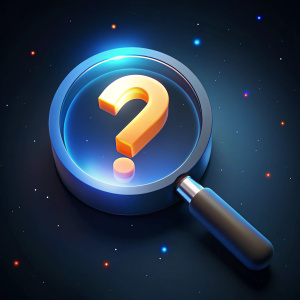 magnifying glass question mark icon 3D, frosted glass, blur, isometric, blue and a little orange gradient, clean, black starry sky background, studio lighting, microsoft fluent, octane renderer, high detail, 16k --v 5.0