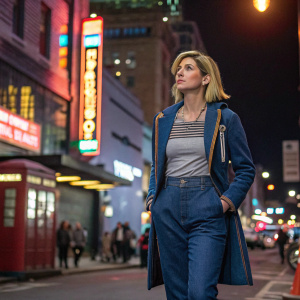 Jodie Whittaker, the Thirteenth Doctor from Doctor Who, in casual attire. Wearing a blue denim jacket and jeans. Background is a bustling city street, with bright neon lights.