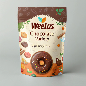Creative packaging design for Weetos Chocolate Variety Big Family Pack. Front features a giant, mouthwatering chocolate donut with product name highlighted