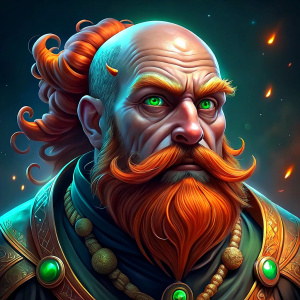 dwarf bald with red long beard and green eyes