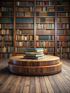 подиум большой круглый из тёмного дерева и на нём лежит стопка книг