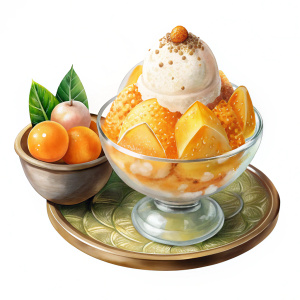 Bingsu Realistic image of Thai dessert. Bingsu, shaved ice, peach flavor, in a clear bowl and tray.. white background