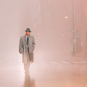 Robert De Niro, dressed in a grey overcoat and fedora hat, walking through a rain-soaked, dimly lit New York City alley. The gritty, urban backdrop highlights the film noir atmosphere of 'Taxi Driver'.