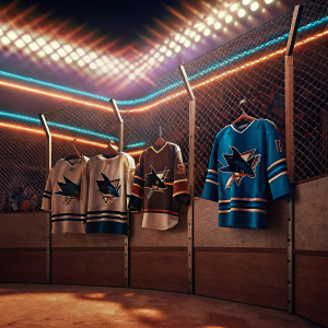 Multiple San Jose Sharks jerseys on display at arena. Neon lights and crowd visible in background.