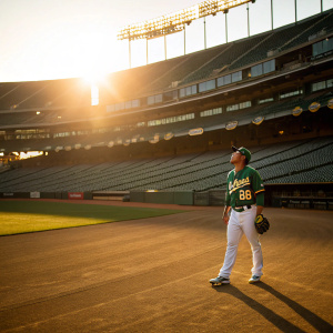 Ramon Laureano, baseball player, standing alone on the empty stadium field. Golden sunlight illuminates his green Oakland Athletics jersey.