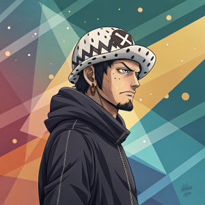 Trafalgar Law, intense expression, standing in front of abstract art. Background features geometric shapes and color gradients.
