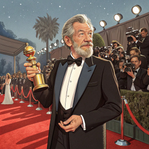Ian McKellen, British actor, with full beard and sharp jawline, holding golden trophy at the 1997 Golden Globe Awards in Los Angeles.