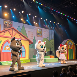 Characters from Talking Tom and Friends in animated show setup. Stage performance with props