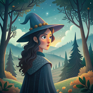 bruja joven castaña estupefacta mirando desde un claro en el bosque lindo