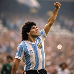 Diego Maradona in an action pose. Celebrating his soccer career. Crowd cheering, blurred background