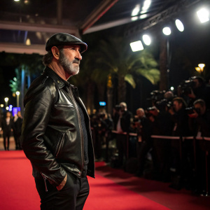 Eric Cantona, wearing a black leather jacket and cap, poses at Cannes Film Festival. Red carpet bustling with fans and reporters. Artificial lighting creates dramatic shadows.