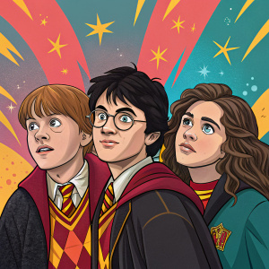 Stylized illustration of Harry Potter and his gang. The group poses with exaggerated expressions and unique outfits. They are set against a vibrant, colorful background.