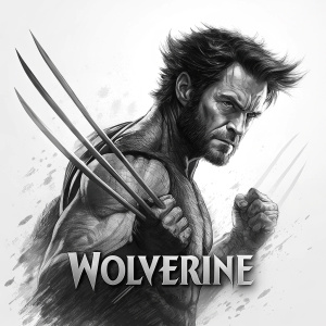 Detailed black and white drawing of Wolverine. Bold strokes and shading highlight his fierce demeanor. White canvas background. Below the image, 'Wolverine' text.
