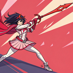 Ryuko Matoi, from Kill la Kill, wielding her red weapon against a vividly colored, dynamic background. Illustration style