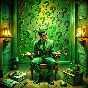 the riddler sitting in a room full of question marks doing a phone call