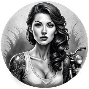 motorcycle bikerlady tattoo design - perfect realistic art - high-definition - grey and black - white background 