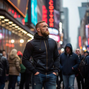 Conor McGregor in a sleek black hoodie and casual jeans, standing in a crowded city street. Neon lights in the background.