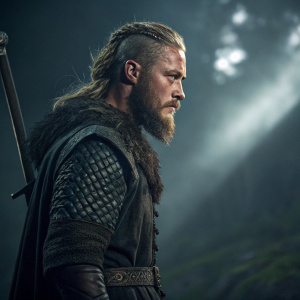Trailer image of Travis Fimmel as Ragnar Lothbrok from Vikings. Dark, shadowy background with dramatic lighting.