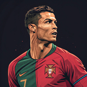 Digital illustration of Cristiano Ronaldo. Bold color palette, dark background